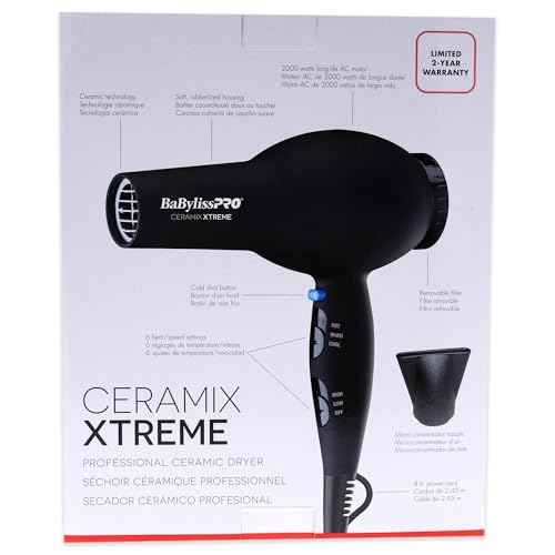 BaBylissPRO Ceramix Xtreme Hair Dryer, 2000-Watt Professional Blow Dryer with Concentrator Nozzle, 6 Heat/Speed Settings, For All Hair Types