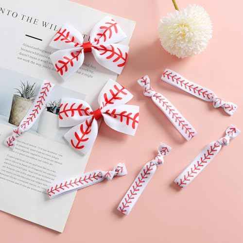 2PC Baseball Hair Bow Clips with 6PC Baseball Hair Ties for Women Girls Cheer Hair Accessories
