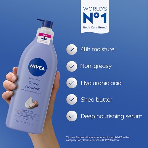 NIVEA Shea Nourish Body Lotion for Dry Skin with Hyaluronic Acid, Shea Butter and Deep Nourishing Serum, 48-Hour Body Moisturizer, 16.9 Fl Oz Pump Bottle