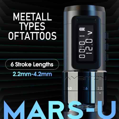 Ambition MARS-U Wireless Tattoo Machine with Adjustable Stroke - Rotary Tattoo Gun Cartridge Pen 1800mAh Power with Coreless Motor Digital LED Display for Professional Tattoo Artist