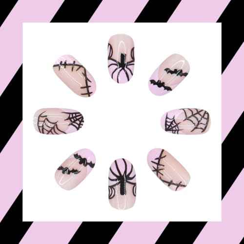 24Pcs Halloween Press on Nails Almond Short Pink French Tip Fake Nails Cute Pumpkin Bat False Nail with Designs Full Cover Spider Web Glue on Nails Reusable Artificial Nail for Women DIY Manicure