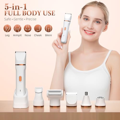 5-in-1 Bikini Trimmer for Women, IPX7 Waterproof Electric Razors Shaver, Cordless Body Hair Trimmer, Facial & Pubic Hair Removal, Ceramic Blade (White)