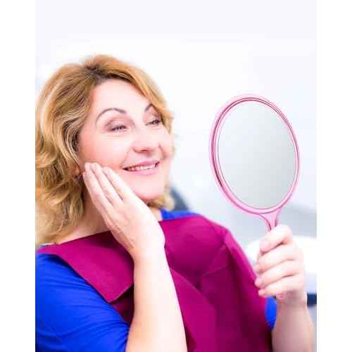 Handheld Mirror with Handle, 10.5 x 5.7 inches, Double-Sided 1X/5X Magnification Travel Makeup Mirror for Women, Pink