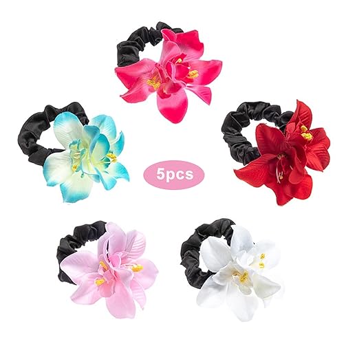 5pcs Pretty Colored Elastic Flower Hair Scrunchies Hair Ties with Bauhinia Flowers Deco Ponytail Hairball Hair Scrunchies for Girls Women