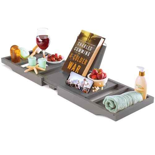 Bathtub Tray - Expandable Gray Bamboo Bath Tray for Tub with Wine Glass Holder, Book & Tablet Stand - Wooden Bathtub Caddy for Bathroom Accessories, Spa Relaxation, Housewarming & Wedding Gift