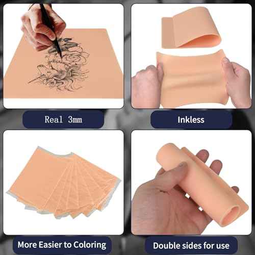 3MM Tattoo Practice Skin - 5pcs Double Sides Thick Fake Skin for Practicing, Soft Silicone Tattoo Eyebrow Practice Skins for Beginner & Experienced Artists