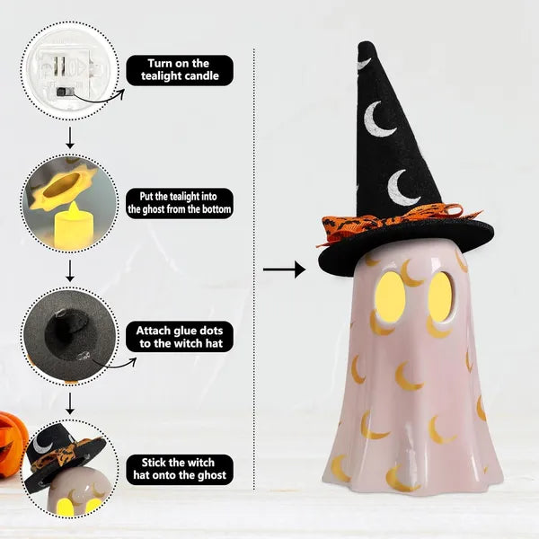 Set of 3 Ceramic Ghost Figurines with Witch Hats for Halloween Decor