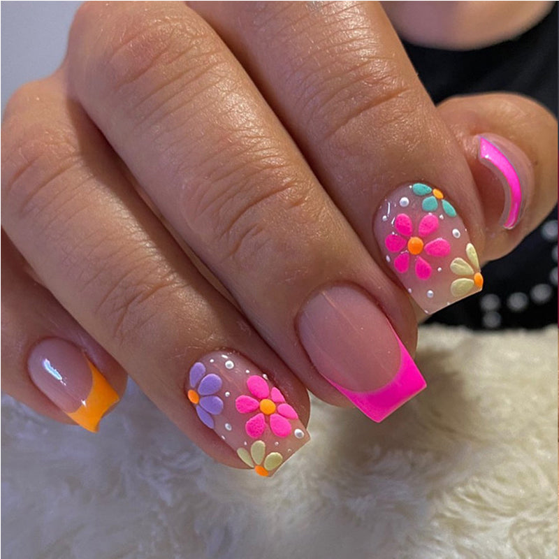 Short Square Press-On Nails with French Floral Designs - 24 Piece Set