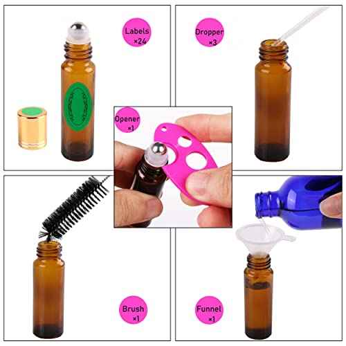 inice 24 Pack Roller Bottles for Essential Oils, Amber Galss 10ml Roll On Bottle with Stainless Steel Roller Balls and Metal Caps