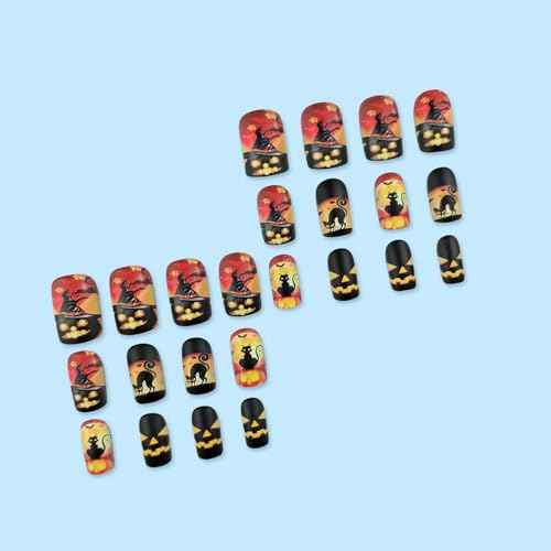 Halloween Short Press on Nails Black Cat Halloween Fake Nails Pumpkin Bat Designs Halloween Stick on Nails Full Cover Halloween Square False Nails Cute Halloween Glue on Nails for Women Girls
