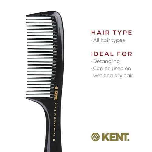 Kent SPC83 Black Salon-Style Barber Comb and Dressing Cutting Detangler with Wide Teeth - Professional Barber Wide Tooth Comb for Styling for Medium and Thick. Ergonomic Grip for Daily Use.