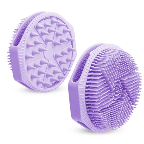Silicone Shower Scrubber Women Men 2 Pack Exfoliating Body Scrubber Exfoliator Scalp Non-Slip Hollow Hand Glove Loofah Alternative Deep Clean Wash Dual-Sided Durable Scrub Bath Essentials Purple Pink
