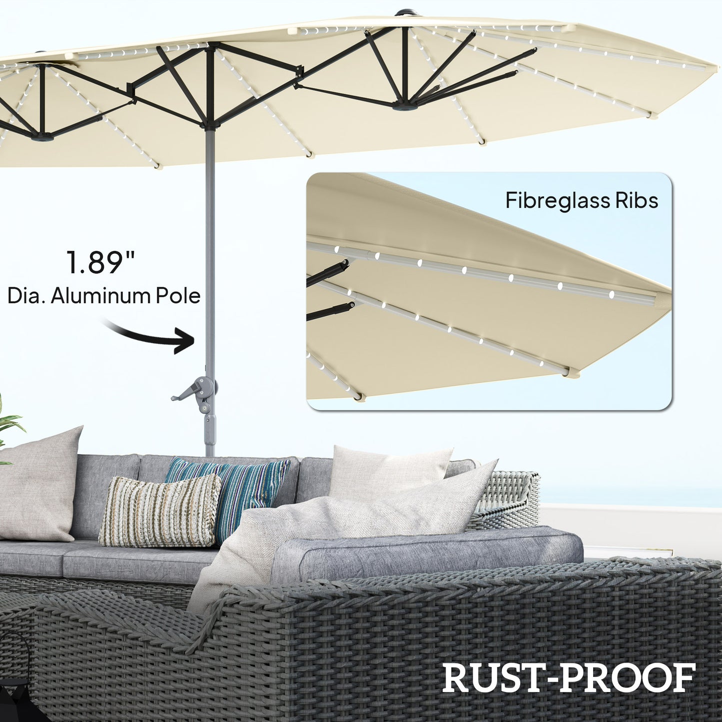 15ft Double-Sided Patio Umbrella with Solar Lights - Cream White