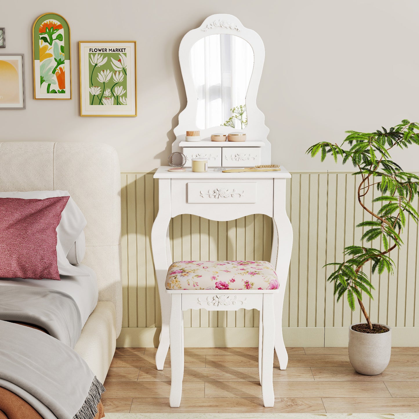 Makeup Vanity Table with 3 Drawers & Cushioned Stool - White