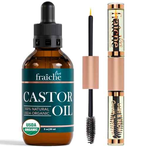 Live Fraiche Organic Castor Oil Lash Serum for Hair Growth, 100% Pure Eyebrow Eyelash Growth Serum, Cold Pressed Hexane Free (2oz Glass Bottle + FILLED Mascara Tube)