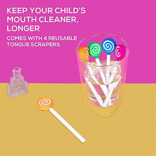 Kids Tongue Scraper or Cleaner Set ? Pack of 4 BPA-Free Plastic Dental Scrapers Helps Freshen Bad Breath, Remove Gunk ? Multicolored with Easy-to-Grasp Handles and Brush Covers by 55Dental, Ages 2+