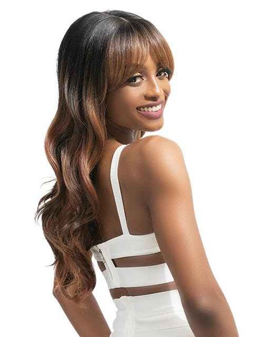 Janet Collection melt VEIL BANG HD 360 HUMAN HAIR BLEND PRIME UNIMIX Hand-Tied 13X6 Frontal with HD 360 Glueless Transparent Lace FUJU Wig (COLOR #1B)