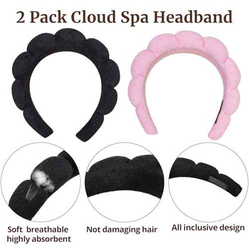2 Pack Spa Headband for Washing Face, Cute Puffy Bubble Skincare Headband, Soft Terry Cloth Makeup Hair Band for Women Getting Ready Routine