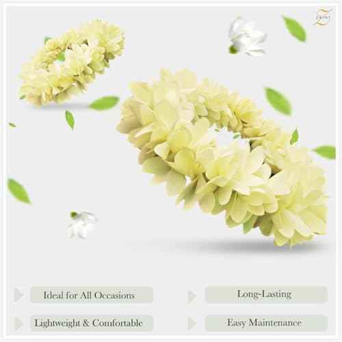 ZAINY 6 Pack White Mogra Artificial Gajra for Hair Indian Bun Braid, Non Scented Fabric Jasmine Flowers, Veni, Bridal Hair Accessories for Women, Wedding, Reusable Cloth Floral Girl Accessory, 13 inch