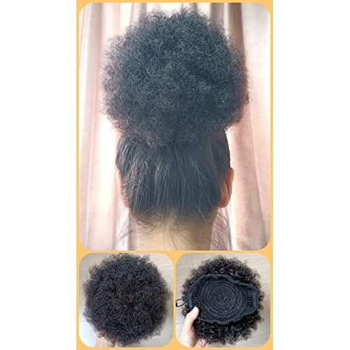 Afro Puff Drawstring Ponytail Human Hair Small Kinky Curly Ponytail Buns Hairpieces 8A Brazilian Virgin Hair Short Clip In Ponytails for Black Women Girls Kids 6 Inch Natural Black