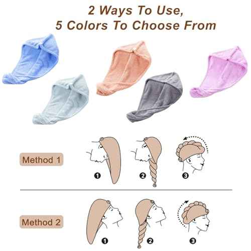 Soft Microfiber Hair Drying Towel Wrap, 5 Pack Elastic Hair Turbans for Fast Drying, Ideal for Women, Curly Wet Hair