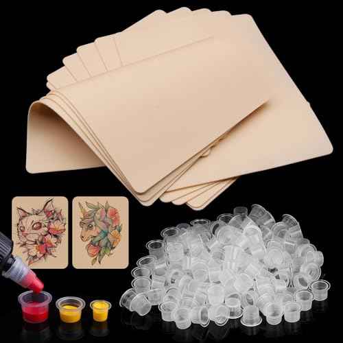 310Pcs Tattoo Practice Skins and Ink Caps Kit - Mixed 300Pcs Pigment Ink Cups #9 Small, #13 Medium, #16 Large and 10Pcs Tattoo Skin
