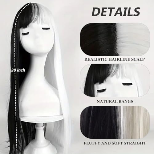 28 inch Long Straight Black and White Cosplay Wig with Bangs Natural Hair Fiber Synthetic Wig for Women and Girls, Perfect for Halloween,Holidays, Festivals, Christmas, Parties, and Cosplay