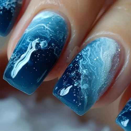 Medium Square Nails Press Ons Blue Press on Nails Blue Marble Designs False Nails Full Cover Artificial Acrylic Nails 24pcs-Deep Ocean Waves