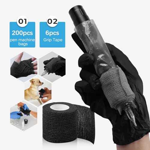 200PCS Tattoo Pen Covers with 6PCS Tattoo Grip Tape,Black Tattoo Machine Wraps Covers with Tattoo Pen Sleeves Bags Set Tattoo Supplies