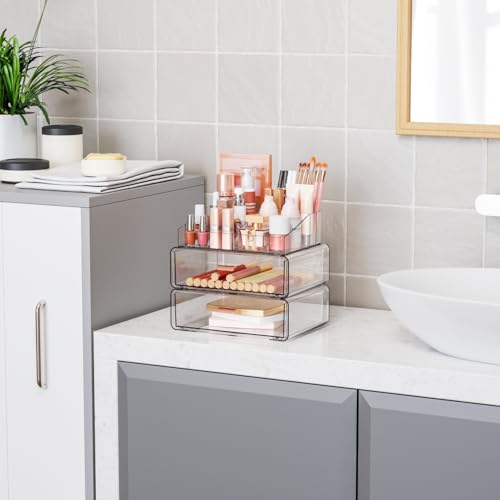 Yieach Clear Acrylic Makeup Organizer Countertop With Drawer,3 Tier Large Skincare Organizer for Vanity,Plastic Bathroom Cosmetic Storage Organizer for Lipstick,Makeup Brush,Palette,Beauty Products