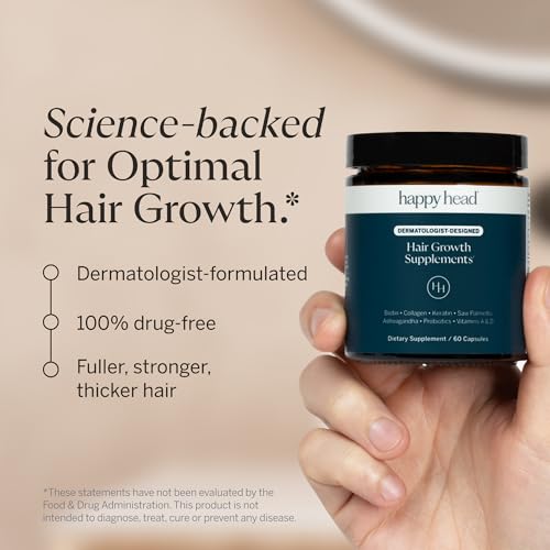 Happy Head Hair Growth Supplement for Men and Women ? Thicker, Fuller Hair with Saw Palmetto, Ashwagandha, Biotin, Collagen, Keratin, Probiotics & Vitamins A & D ? One Month Supply ? 60/ct