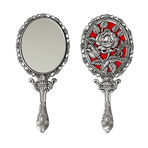 Vintage Hand Mirror with Embossed Rose on The Back Handheld Makeup Beauty Metal Mirror Compact Purse Small Mirror (Tin (Matt Silver))