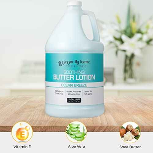 Ginger Lily Farms Club & Fitness Soothing Butter Lotion for Dry Skin, 100% Vegan & Cruelty-Free, Ocean Breeze Scent, 1 Gallon (128 fl oz) Refill