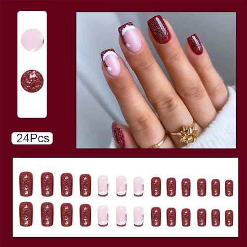 Christmas Hat Press on Nails Short Square Fake Nails Santa Hat Design Red French Glitter False Nails Winter Xmas Full Cover Acrylic Nails Glue on Nail for Women Girls 24Pcs