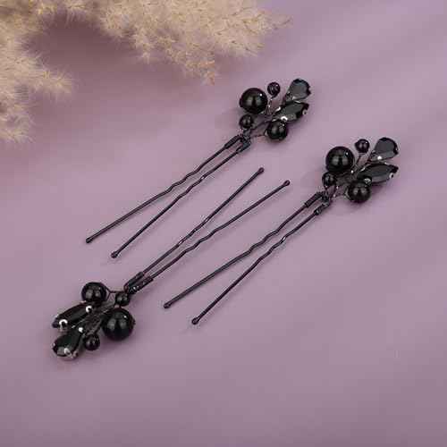 Teyglen Crystal Bride Wedding Hair Pins Black Pearl Hair Pins Clips Wedding Hair Accessories for Bride Rhinestone Pearl Headpiece Crystal Bridal Hair Piece for Women Girls (Black)