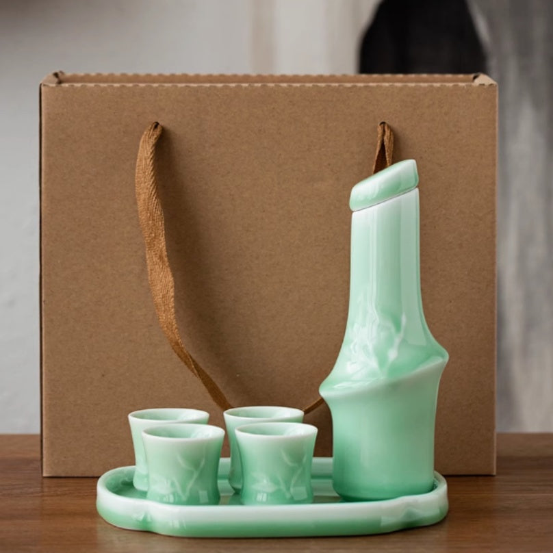 Celadon Bamboo Joint Wine Set with Decanter and Cups - Japanese Style