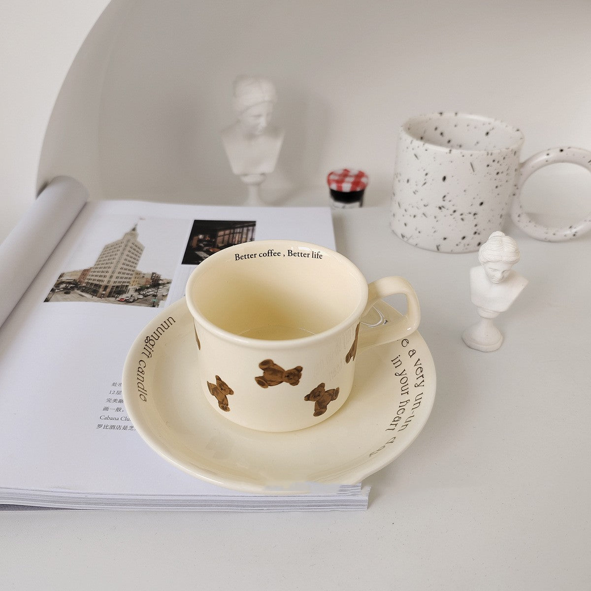 Cartoon Bear Coffee Cup and Saucer Set - Cute Ceramic Kitchen Dinnerware