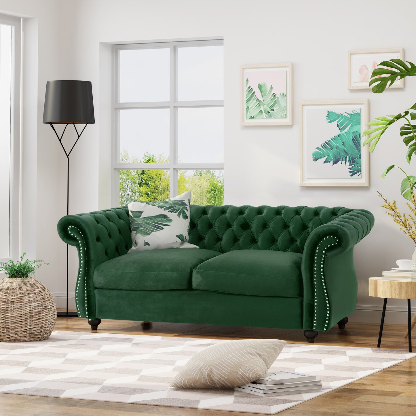 Chesterfield Loveseat Sofa - Emerald Velvet, 2-Seater