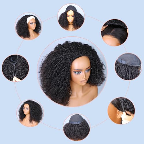 Domiso Afro Kinky Curly 3 In 1 Half Wig Human Hair Seamless Kinky Curly Flip Over Invisible Hairline Glueless Install Drawstring Band Clip in Wig No Sew In Black Color Bob Wig16 Inch