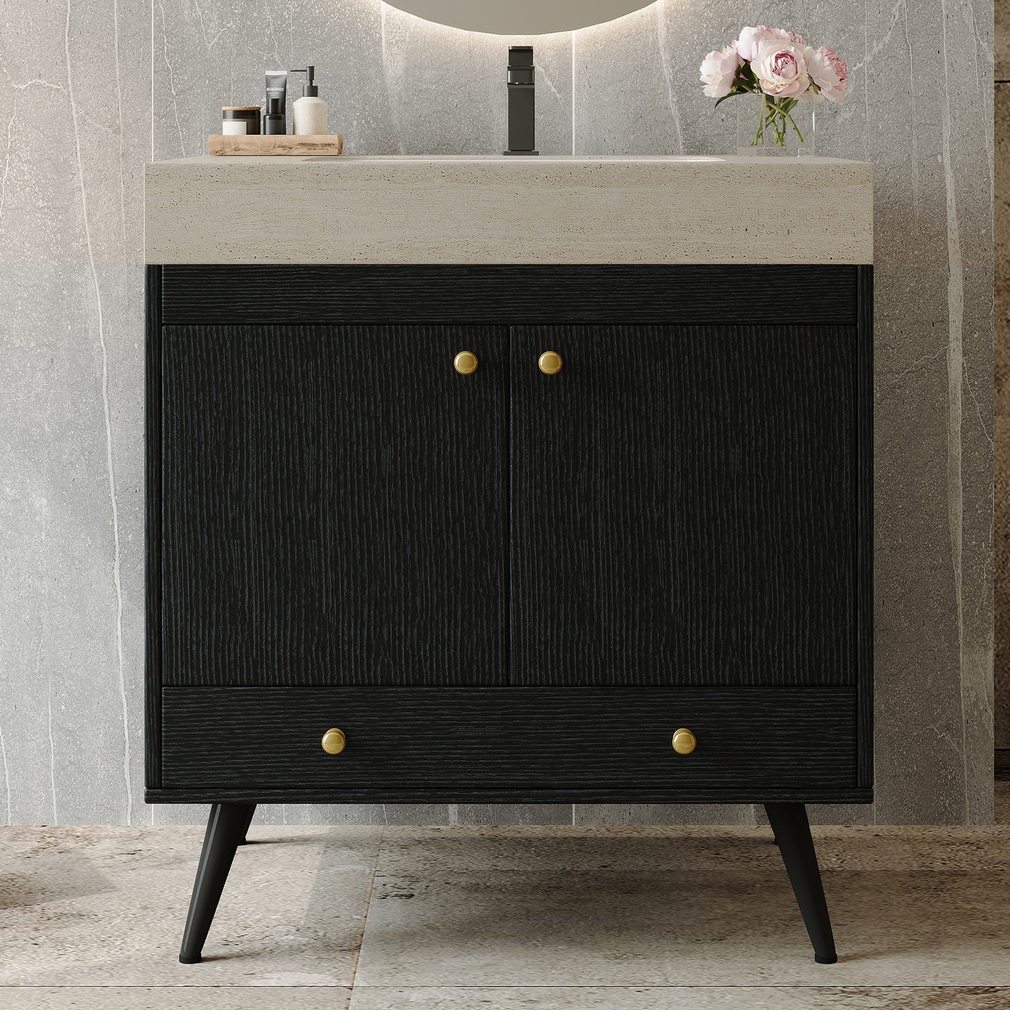 Contemporary Free-standing Bathroom Vanity with Faux Marble Top, 30" Ceramic Sink & Double Door Storage Cabinet