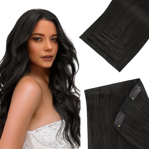 HOTBANANA Invisi Edge Clip in Hair Extensions, 14inch 120g Injected Seamless Clip in Extensions 7Pcs Natural Black Real Human Hair PU Hair Extensions