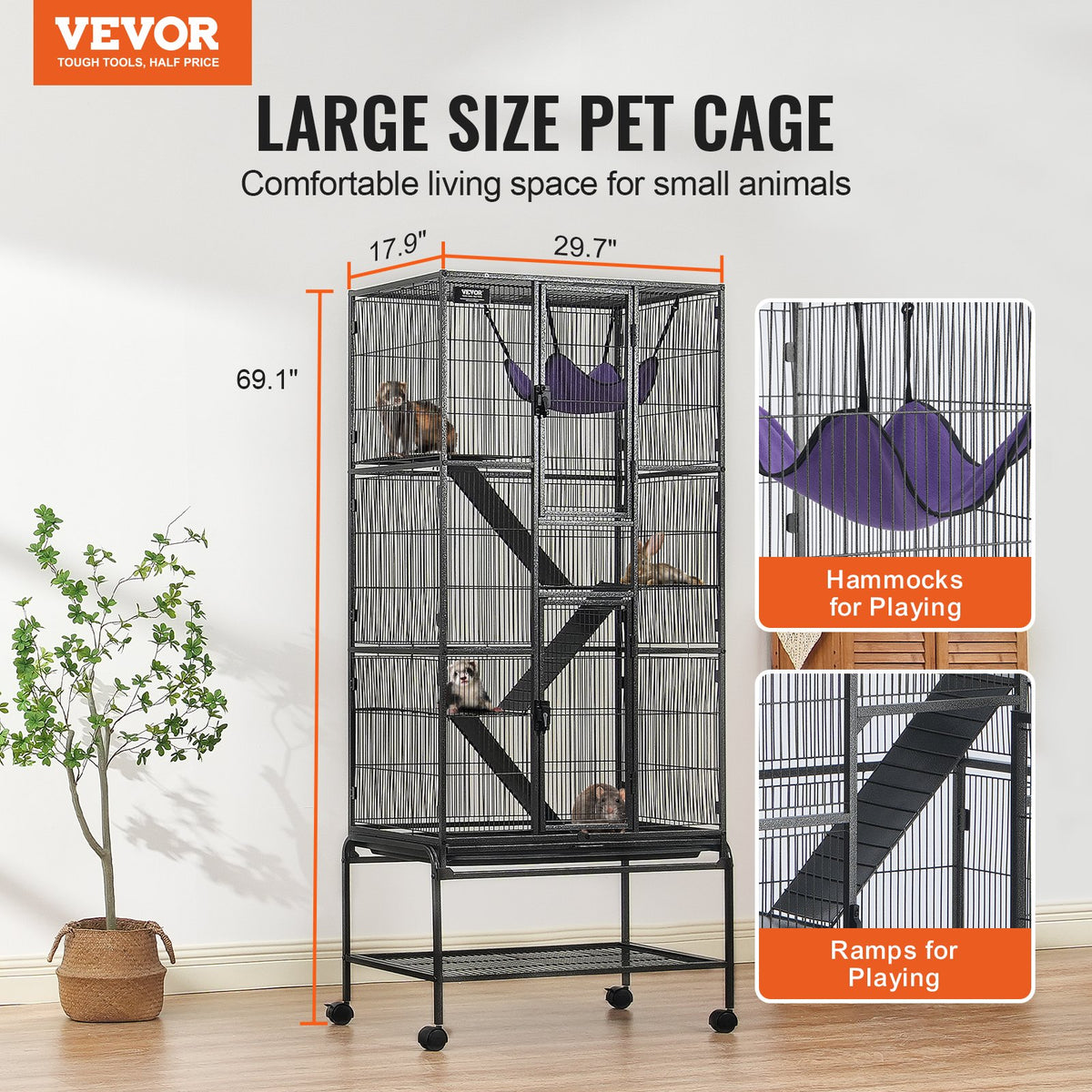 Small Animal Cage 4-Tier Metal Ferret Cage with Ramps & Tray - Black