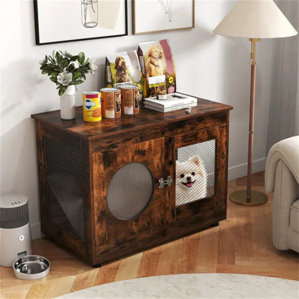 2-in-1 Dog Crate End Table - Rustic Brown, 88lbs Capacity, Farmhouse Style