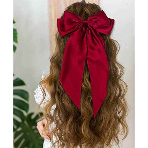 Cinaci 4 Pack Satin Silk Large Big Oversized Giant Long Tail Bow French Barrettes Ponytail Holder Christmas Red Green Hair Bows Alligator Hair Clips Ribbon Hair Accessories for Women Girls Teens