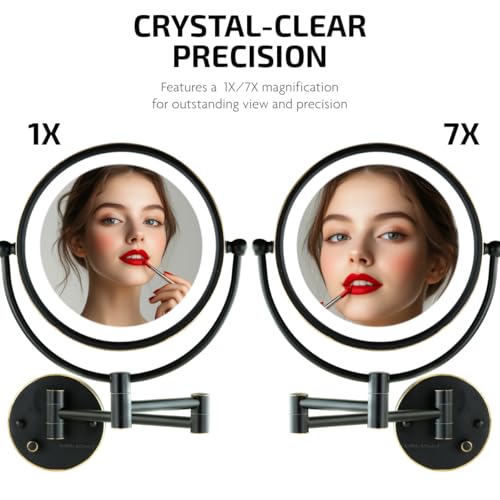 OVENTE Wall Mounted Lighted Makeup Vanity Mirror, 9" Hard Wired Double Sided 1X/7X Magnifying Bathroom Mirror, Dimmable LED Lights, 360¡Æ Rotation and 14" Extendable Arm, Rubbed Bronze MPWD3185BZ1X7X