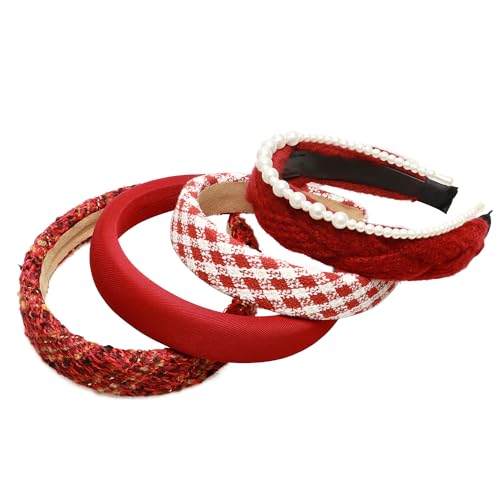 Fashion Headbands Set - 5pcs Red Wide Pearl Rhinestone Padded Hair Accessories for Women, Mothers Day, Valentine's Day, Christmas