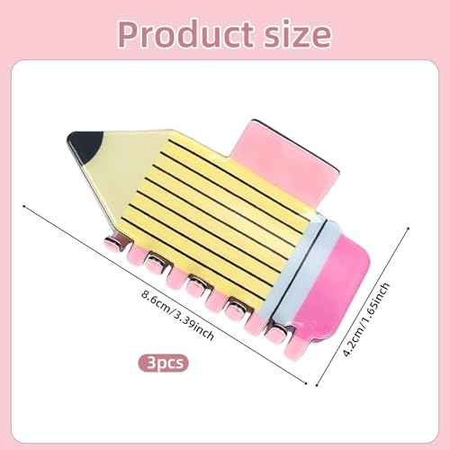 3 Pack Pencil Hair Claw Clips for Women Girls, Funny Back To School Hair Clips Supplies, Cute Hair Jaw Barrettes, Strong Hold Claw Clips Fun Hair Accessories
