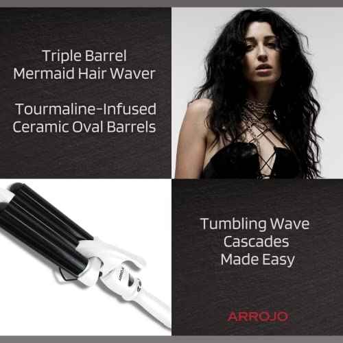 Arrojo Triple-Barrel Mermaid Waving Wand — Infrared Technology Beach Waver — Temperature Control Curling Iron — Positive Ionic Curling Wand — 3 Barrel Curling Iron for All Types of Hair