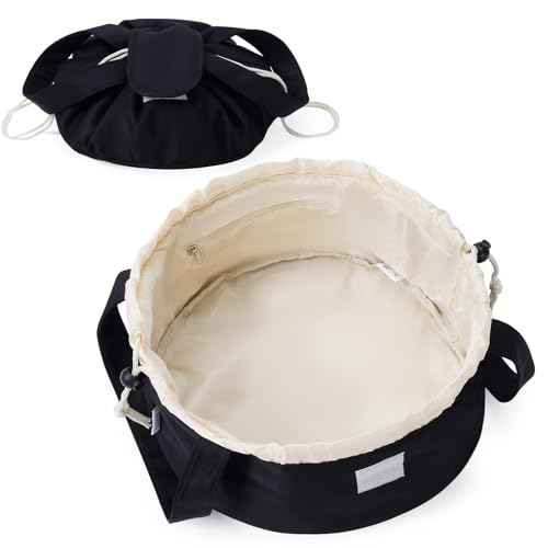 Narwey Barrel Drawstring Makeup Bag Large Cosmetic Bag Make up Bags Women and Girls Toiletry Organizer for Travel Toiletries Accessories Essentials (Black) (Patent)