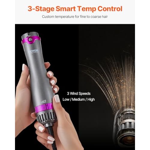 VEVOR Hair Air Styler and Dryer Brush, 5-in-1 Multi Hair Styler with 3 Brushes & 2 Nozzles, Ionic Blow Dryer Brush, Reduced Heat Damage, High-Speed Styling Tool for Volumizing Straightening Curling